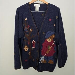 Vintage Mandal Bay Womens Teddy Bear Cardigan Size XL Wool Autumn Fall Applique